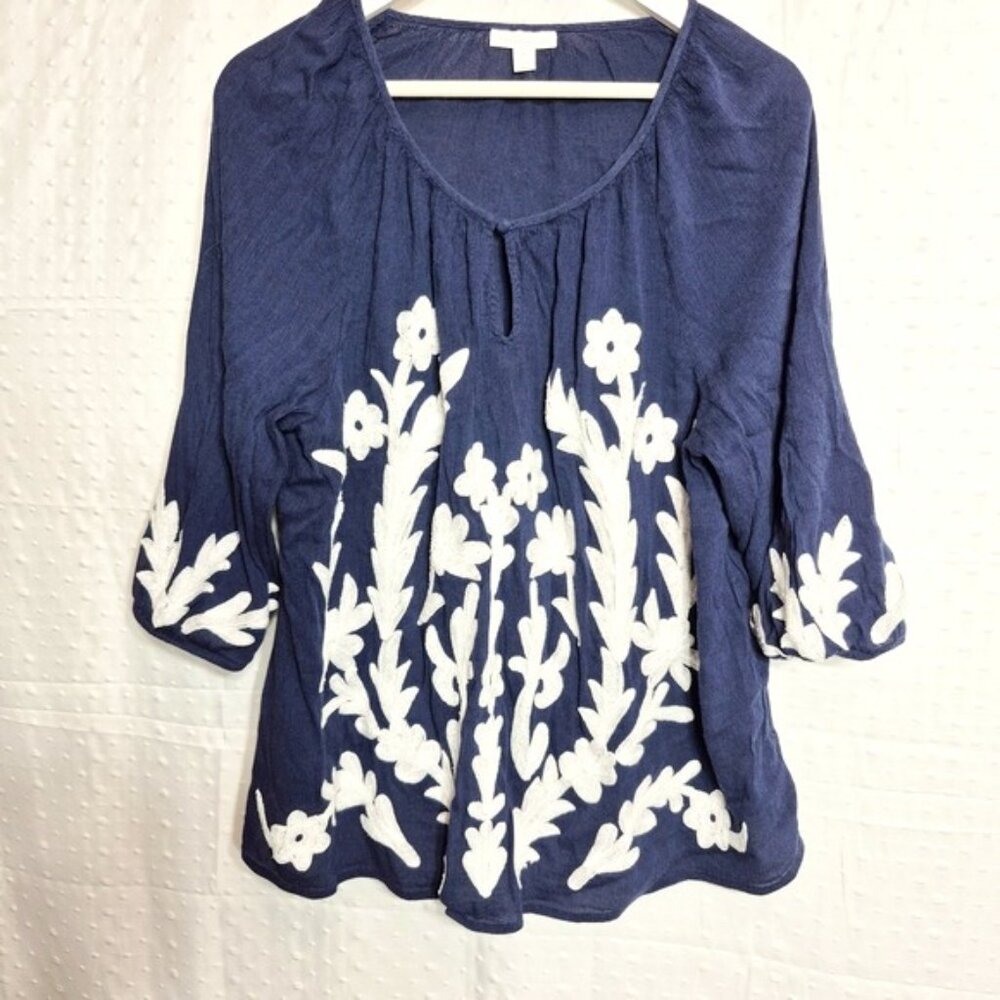 Charter Club Boho Flowy Navy Blue Floral Embroidered Women's Top Size XL